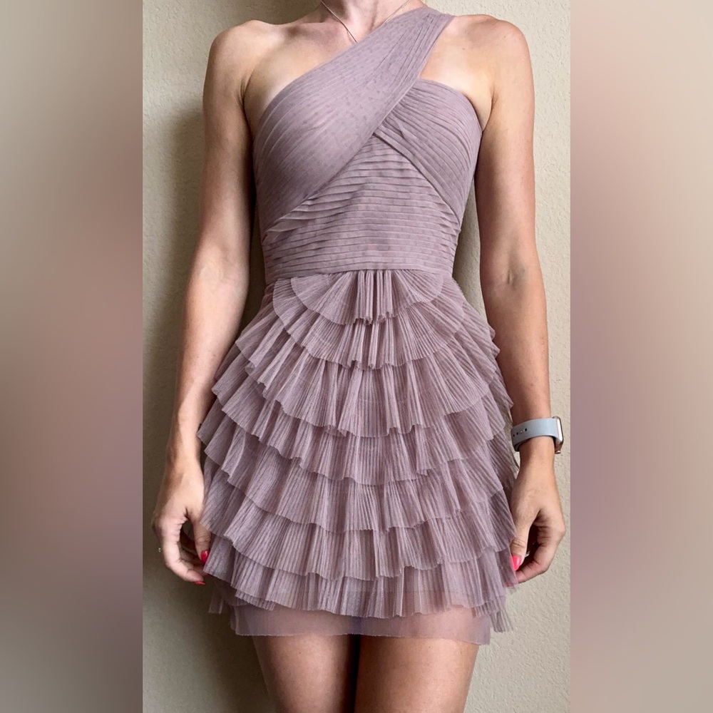 BCBGMaxAzria One-Shoulder Tiered Ruffle Mini Dress in Dusty Mauve